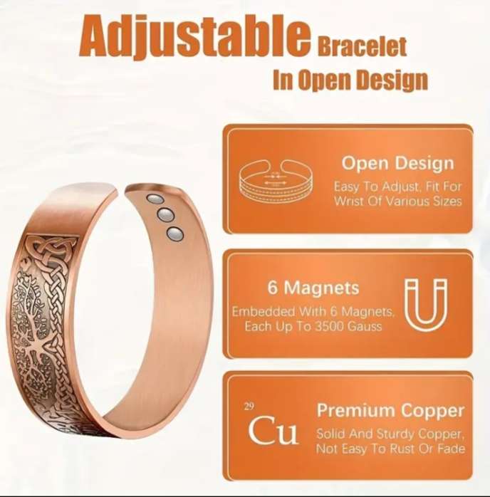 Copper Magnetic Bracelet Bangle with 6 Magnets