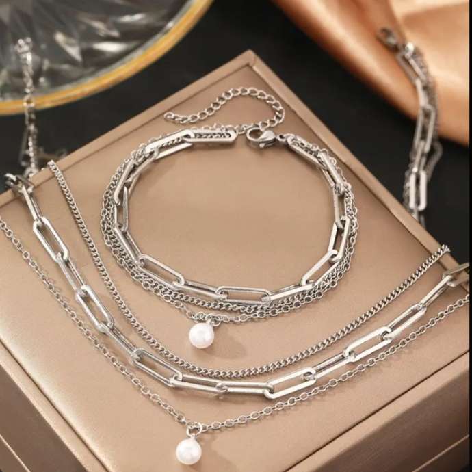 Stainless Steel Layered Necklace and Bracelet Set