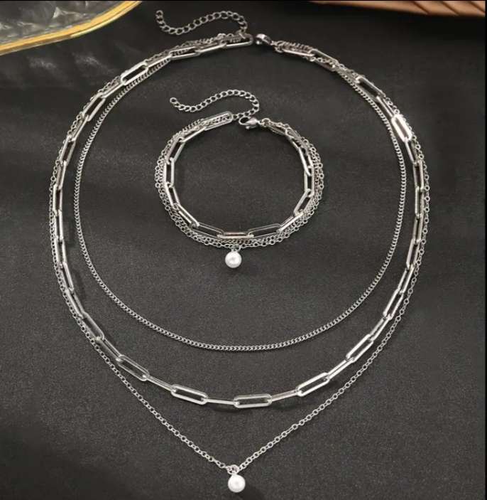 Stainless Steel Layered Necklace and Bracelet Set