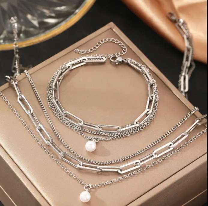 Stainless Steel Layered Necklace and Bracelet Set