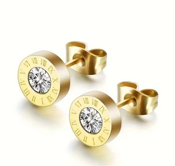 9mm Titanium Steel Roman Numerals Golden CZ Stud Earrings