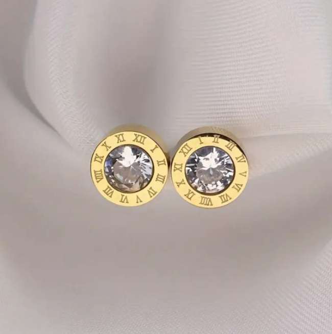 9mm Titanium Steel Roman Numerals Golden CZ Stud Earrings