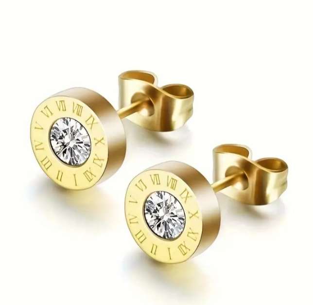 9mm Titanium Steel Roman Numerals Golden CZ Stud Earrings