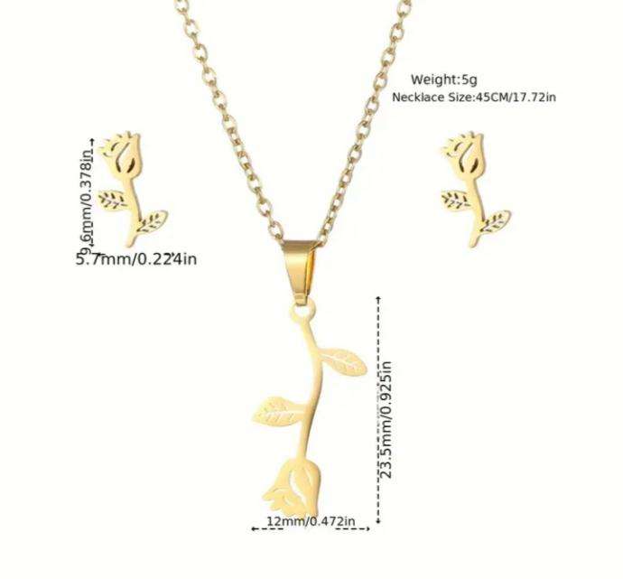 Stainless Steel Necklace and Earrings Set | Elegant Rose