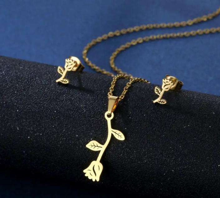 Stainless Steel Necklace and Earrings Set | Elegant Rose