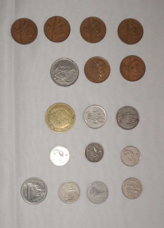 Collection of circulated coins South Africa, U S dime, Thai baht, Lesotho, Botswana coins