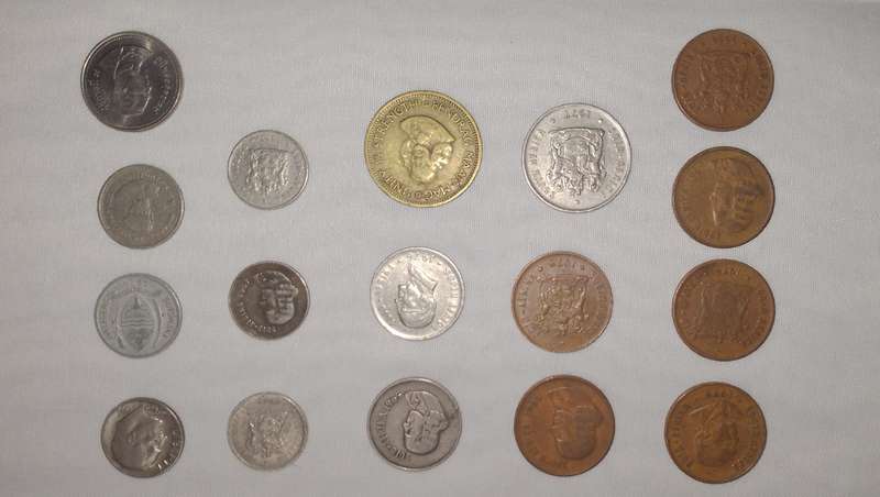 Collection of circulated coins South Africa, U S dime, Thai baht, Lesotho, Botswana coins
