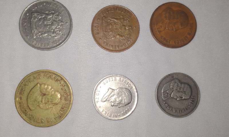 Collection of circulated coins South Africa, U S dime, Thai baht, Lesotho, Botswana coins