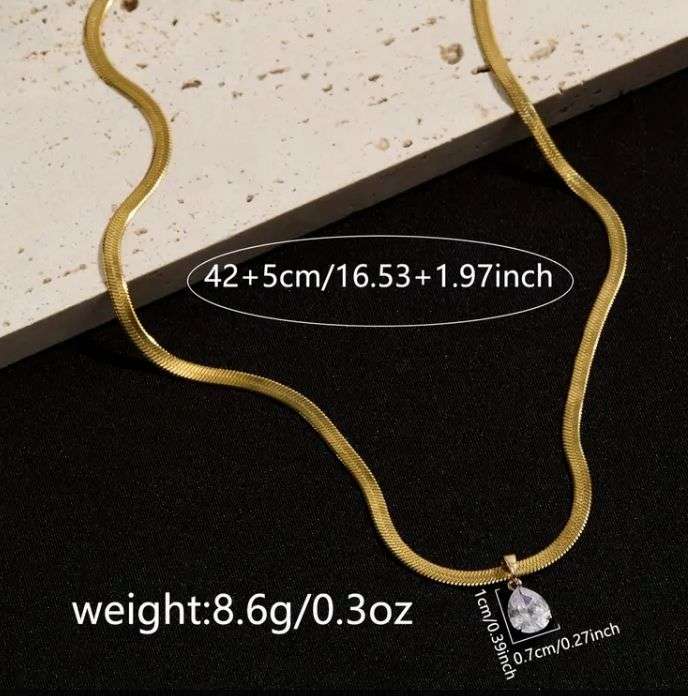 Stainless Steel Herringbone Necklace with Pear Shaped CZ Pendant