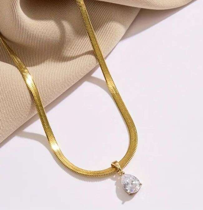 Stainless Steel Herringbone Necklace with Pear Shaped CZ Pendant