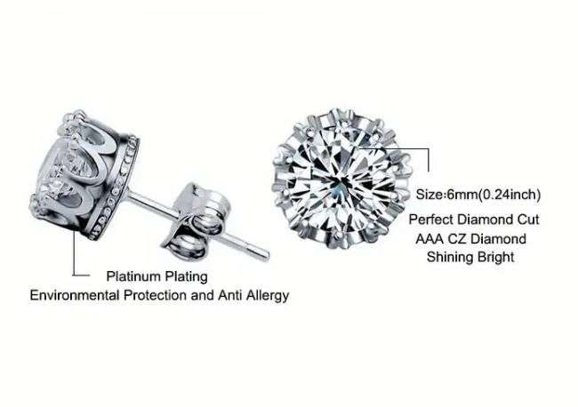6 mm Crown Stud Earrings | Platinum Plated