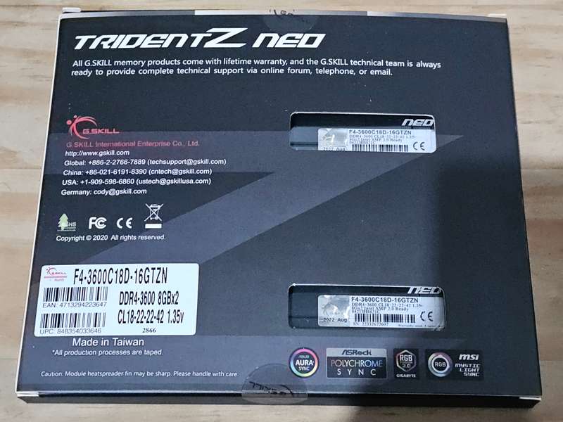 G.Skill F4-3600C18D-16GTZN Trident Z Neo 16GB (2x8GB) DDR4-3600MHz CL18 1.35V Black Desktop Memory