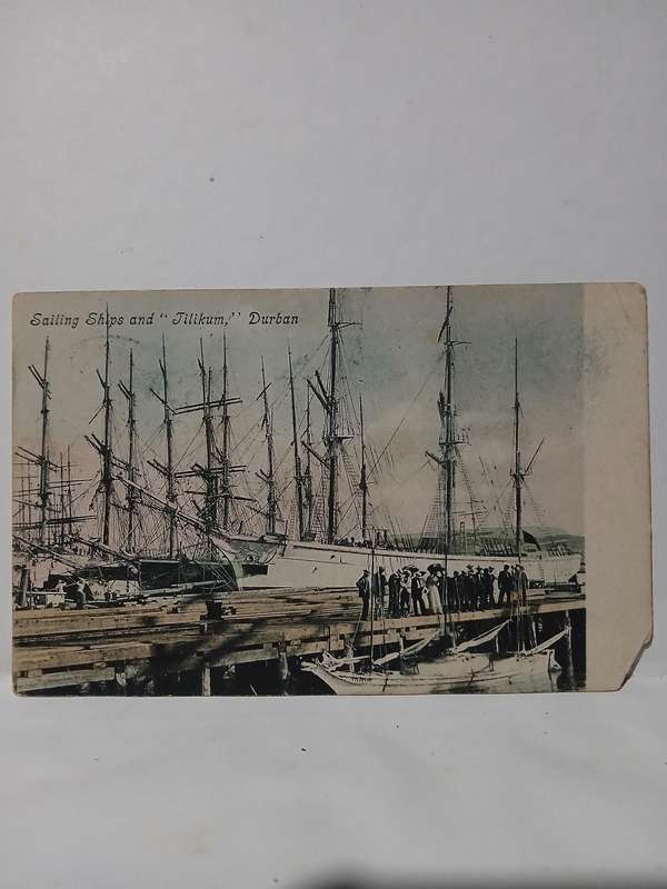 Vintage colour postcard sailing ships and tilikum at Durban harbour