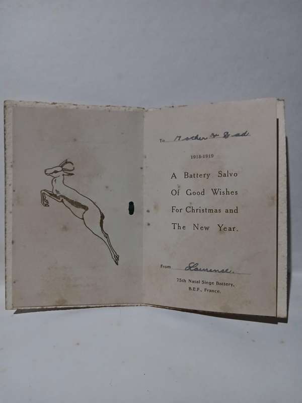 Vintage 1918 christmas card 75th Natal Siege Battery