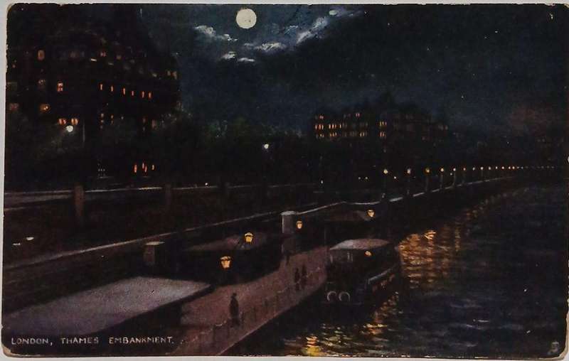 Vintage nightscene postcard of london Thames Embankment 1900