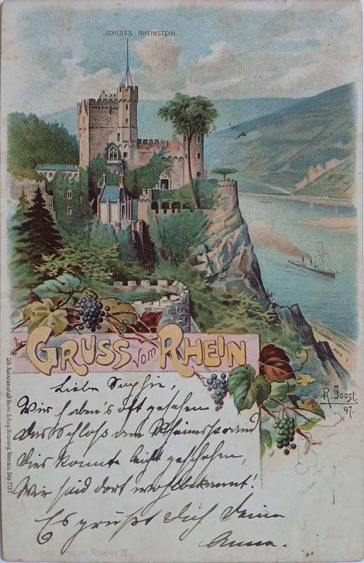 Grus Aus Rhein vintage colour chromo litho postcard 1898