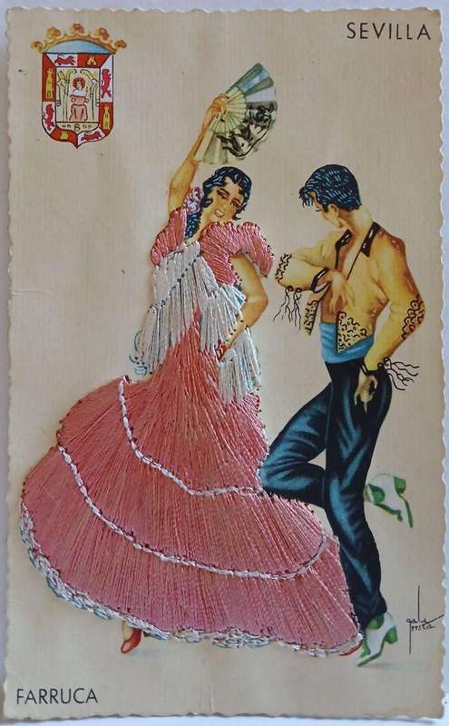 Vintage Silk embroided postcard of dancer
