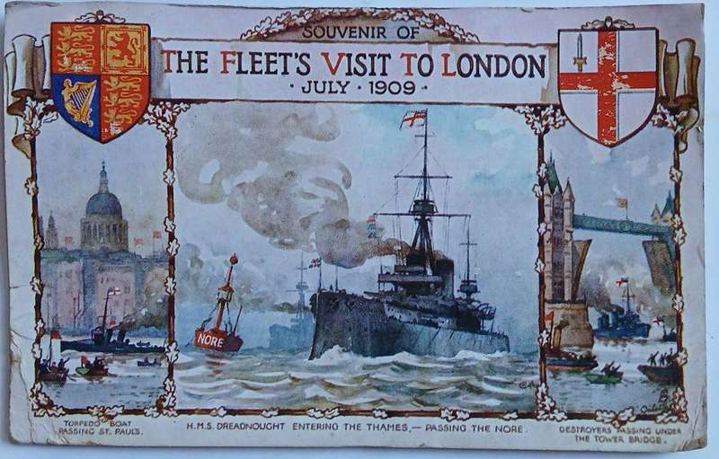 Vintage military souvenir postcard of the fleets visit to london 1909