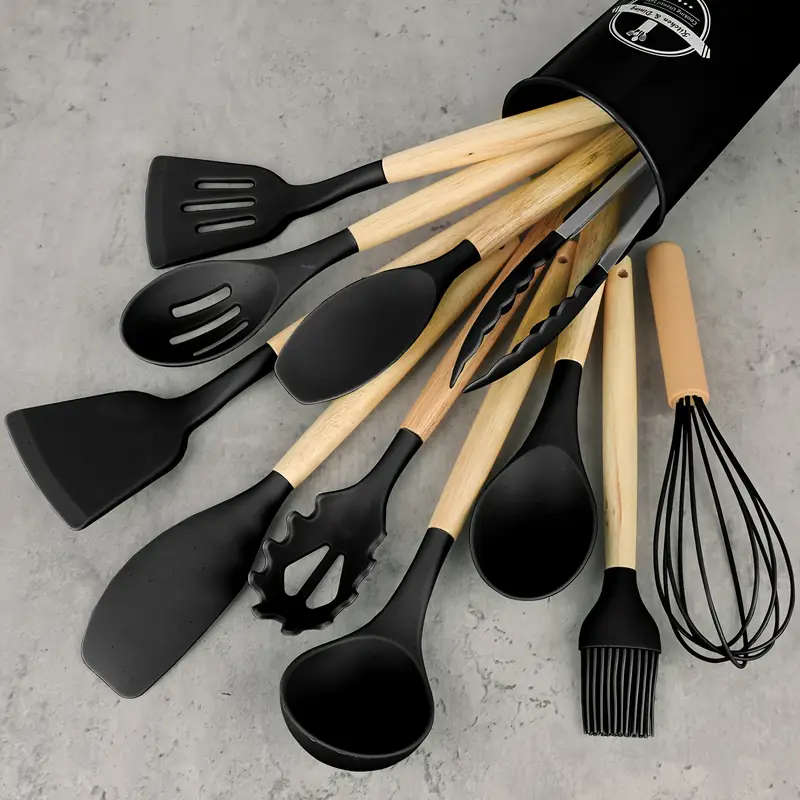 12-Piece Silicone Kitchen Utensil Set  Non-Stick, Heat-Resistant, Wooden Handles - Gray