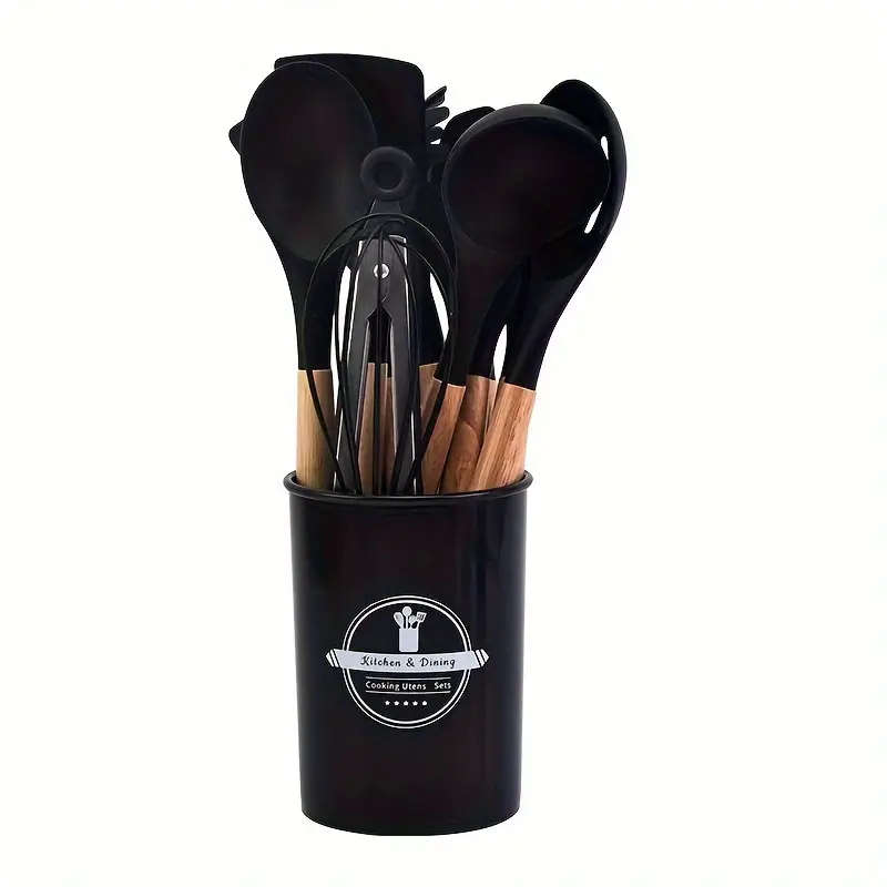 12-Piece Silicone Kitchen Utensil Set  Non-Stick, Heat-Resistant, Wooden Handles - Gray