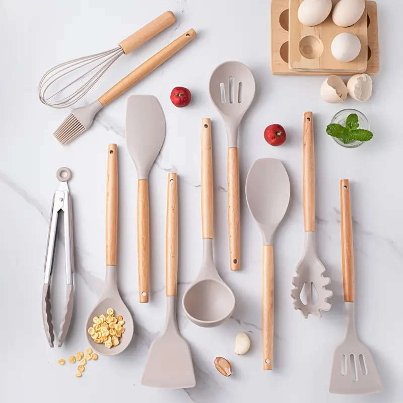 12-Piece Silicone Kitchen Utensil Set  Non-Stick, Heat-Resistant, Wooden Handles - Gray
