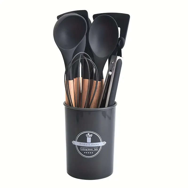 12-Piece Silicone Kitchen Utensil Set  Non-Stick, Heat-Resistant, Wooden Handles - Gray