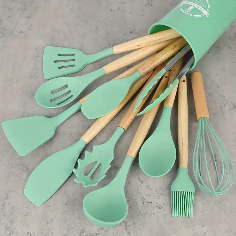 12-Piece Silicone Kitchen Utensil Set  Non-Stick, Heat-Resistant, Wooden Handles - Gray
