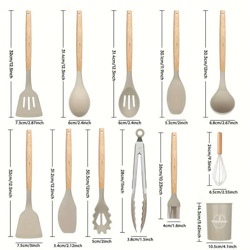 12-Piece Silicone Kitchen Utensil Set  Non-Stick, Heat-Resistant, Wooden Handles - Gray