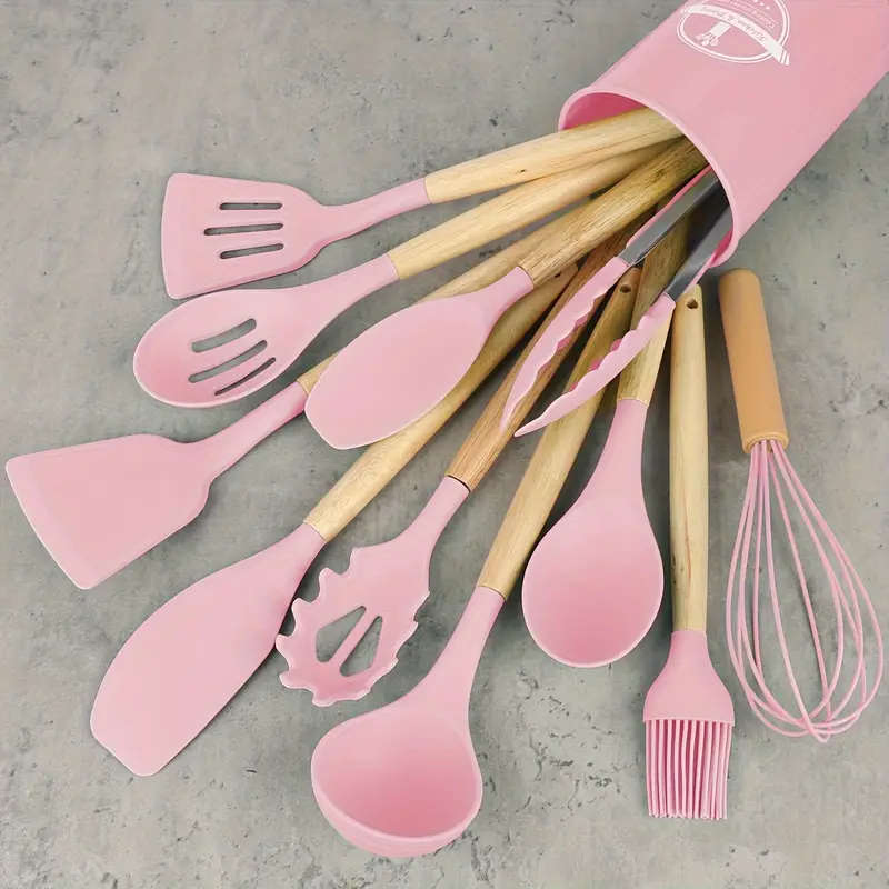 12-Piece Silicone Kitchen Utensil Set  Non-Stick, Heat-Resistant, Wooden Handles - Gray