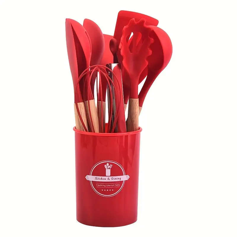12-Piece Silicone Kitchen Utensil Set  Non-Stick, Heat-Resistant, Wooden Handles - Gray