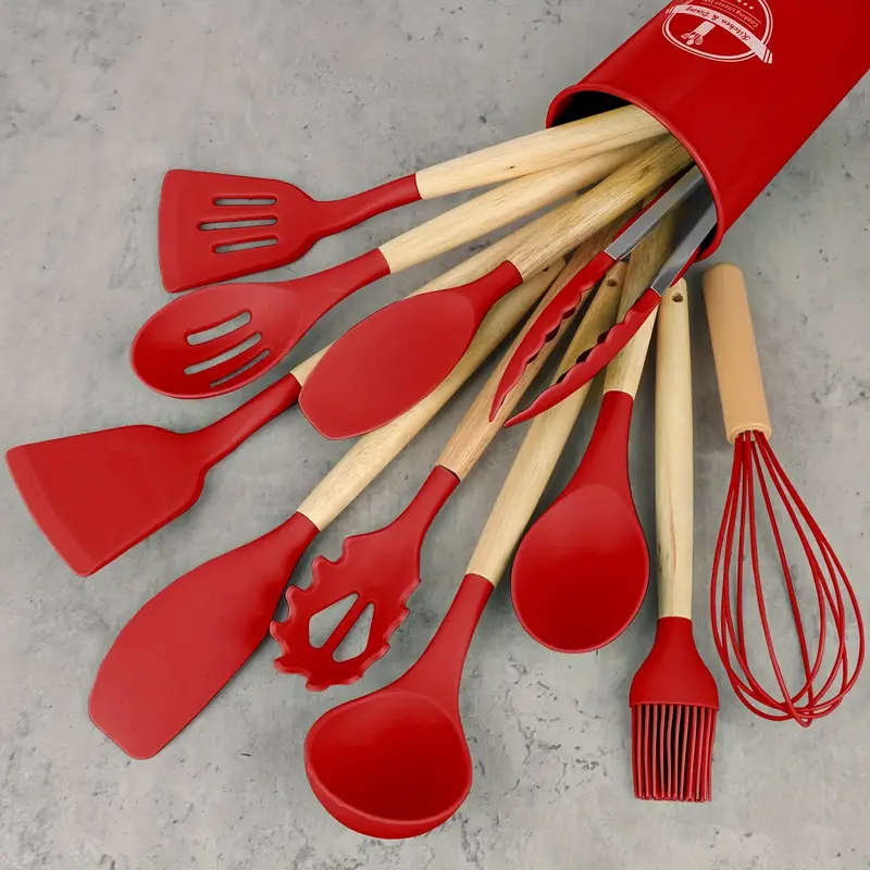 12-Piece Silicone Kitchen Utensil Set  Non-Stick, Heat-Resistant, Wooden Handles - Gray