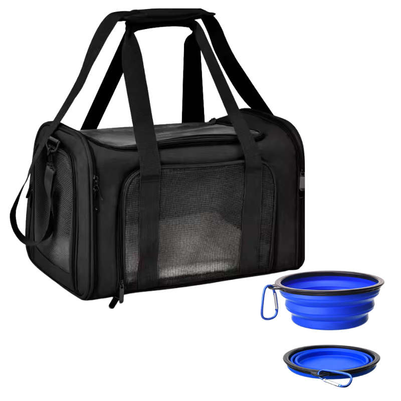 Pet Ventilated Collapsible Portable Mesh Travel Carrier Including Collapsible Silicone Pet Bowl and