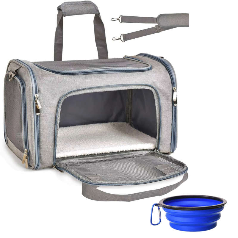 Pet Ventilated Collapsible Portable Mesh Travel Carrier Including Collapsible Silicone Pet Bowl and