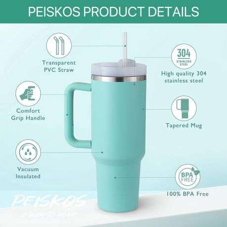 Premium PEISKOS  Tumbler with Handle Straw Stainless Steel Vacuum Mug