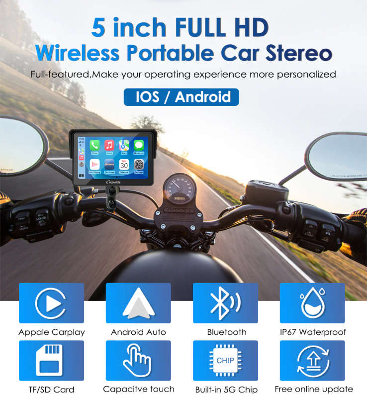 Carpuride W502 Motorcycle GPS Wireless Portable Carplay/Android Auto Waterproof Car Stereo, 5" IPS T