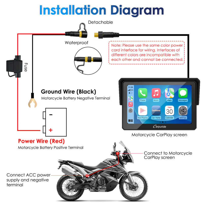 Carpuride W502 Motorcycle GPS Wireless Portable Carplay/Android Auto Waterproof Car Stereo, 5" IPS T