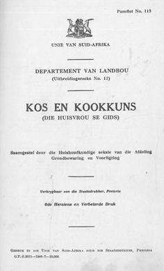 Department van Landbou. No. 11. Kos en Kookuns.  1st. Edition 1946.