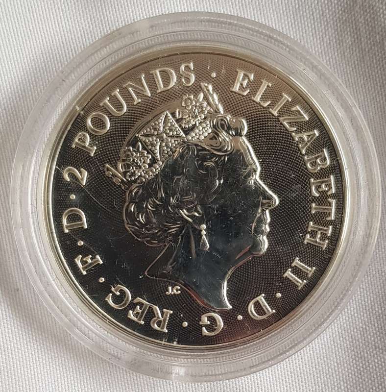 2 Pounds - Elizabeth II Two Dragons, 1 oz Fine Silver