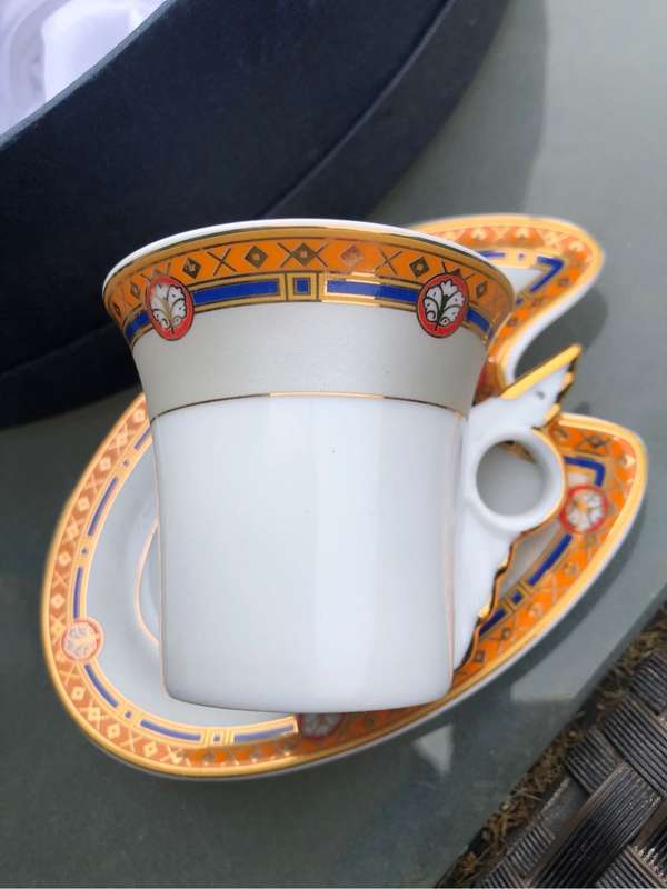 BOXED SET OF SIX WIESENTHAL COFFEE DUOS, SAUCERS ARE PALETTE SHAPED, CUPS HAVE 'WING' HANDLES