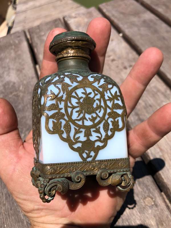 19th C French Royal Palais White Opaline Crystal (Baccarat) & Ormolu Perfume Bottle ~ c1860