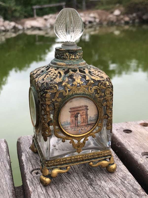19thC French Eglomise Souvenir Architectural views Ormolu Crystal Perfume Bottle ~ c1850
