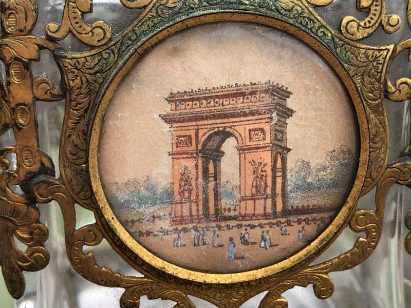 19thC French Eglomise Souvenir Architectural views Ormolu Crystal Perfume Bottle ~ c1850
