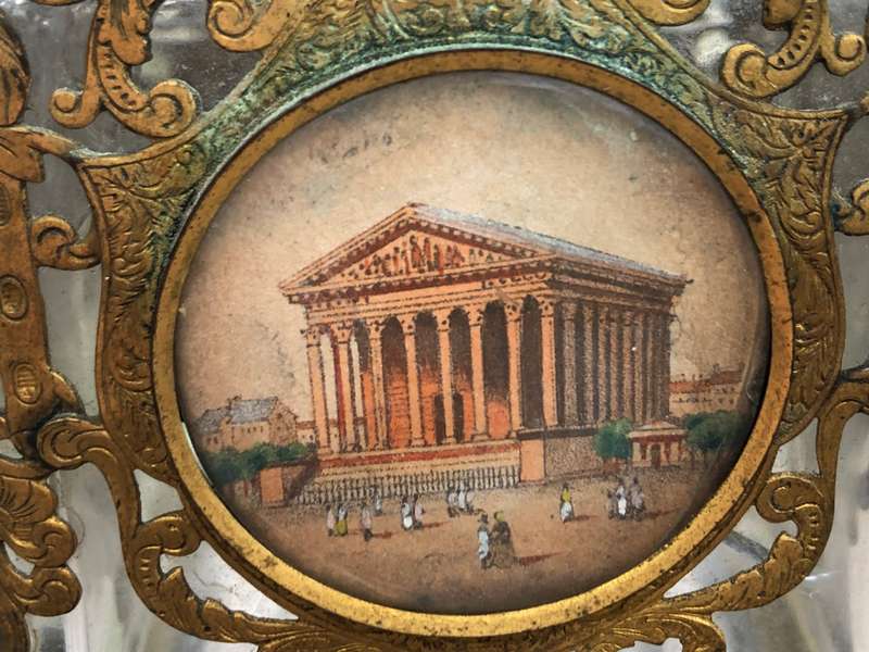 19thC French Eglomise Souvenir Architectural views Ormolu Crystal Perfume Bottle ~ c1850