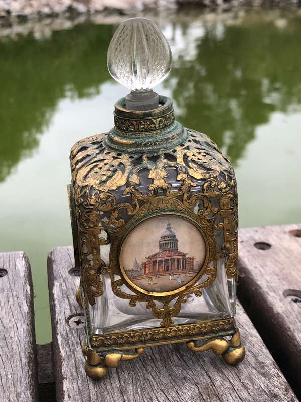 19thC French Eglomise Souvenir Architectural views Ormolu Crystal Perfume Bottle ~ c1850