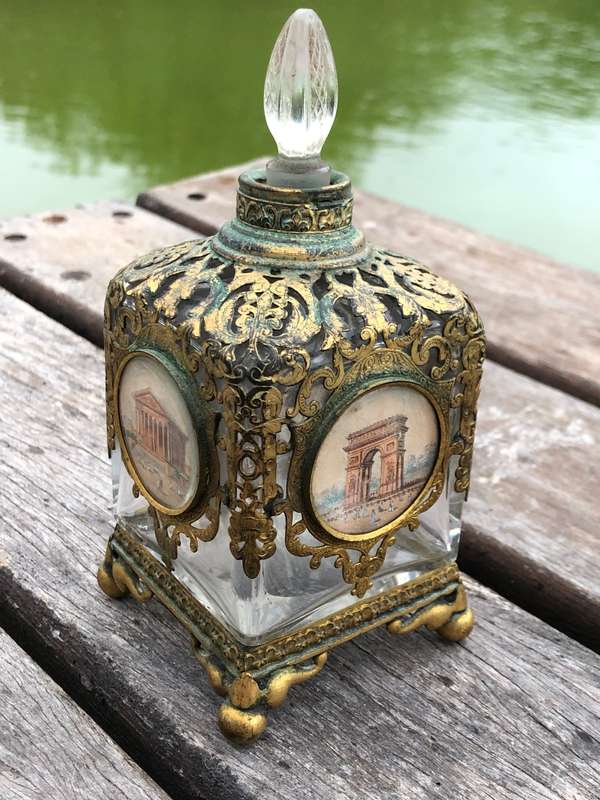 19thC French Eglomise Souvenir Architectural views Ormolu Crystal Perfume Bottle ~ c1850