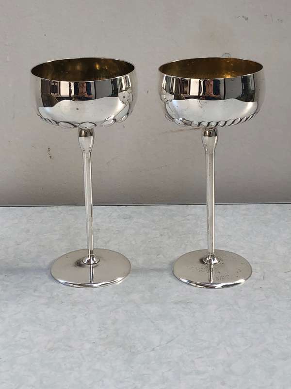 Stunning pair of vintage silver plated gilt inner long stem wine glasses by M. Pagliari of Cape Town