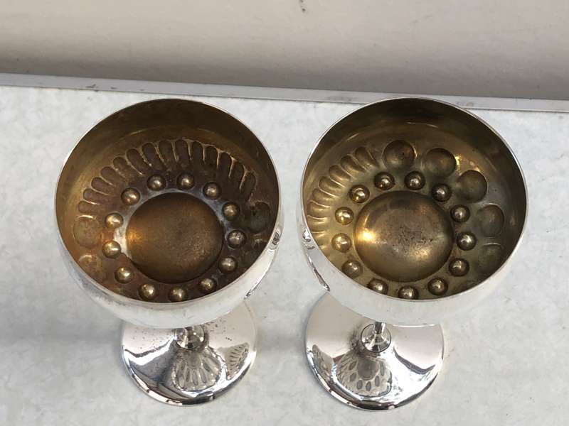 Stunning pair of vintage silver plated gilt inner long stem wine glasses by M. Pagliari of Cape Town