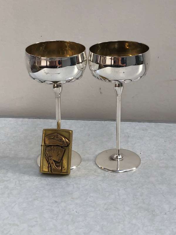 Stunning pair of vintage silver plated gilt inner long stem wine glasses by M. Pagliari of Cape Town