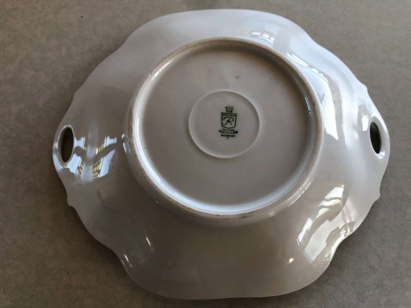Wunsiedel Porzellan Bavaria, 2-Handled, Gold Trim, Floral Design Serving Bowl c1940