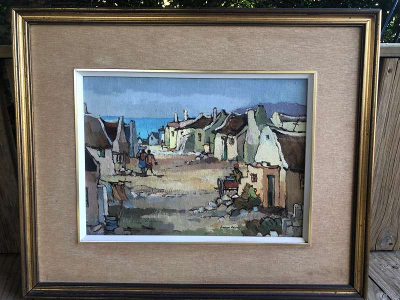 Kobus Louw ( SA 1933 - ) Oil on Canvas  Fishing Village with figures